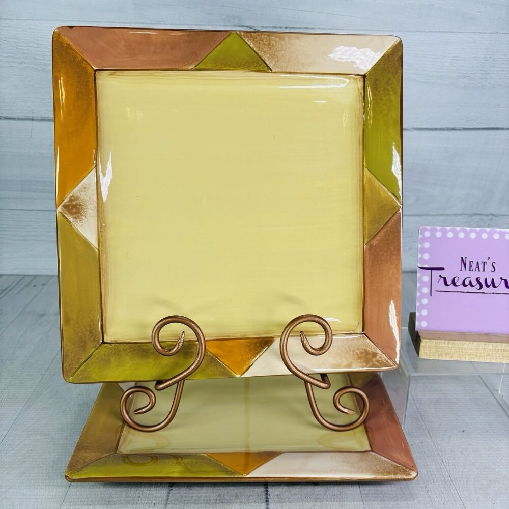 Clay Art DIAMONDS Stonelite Rust Tan Green White Square Dinner Plates Set of 2